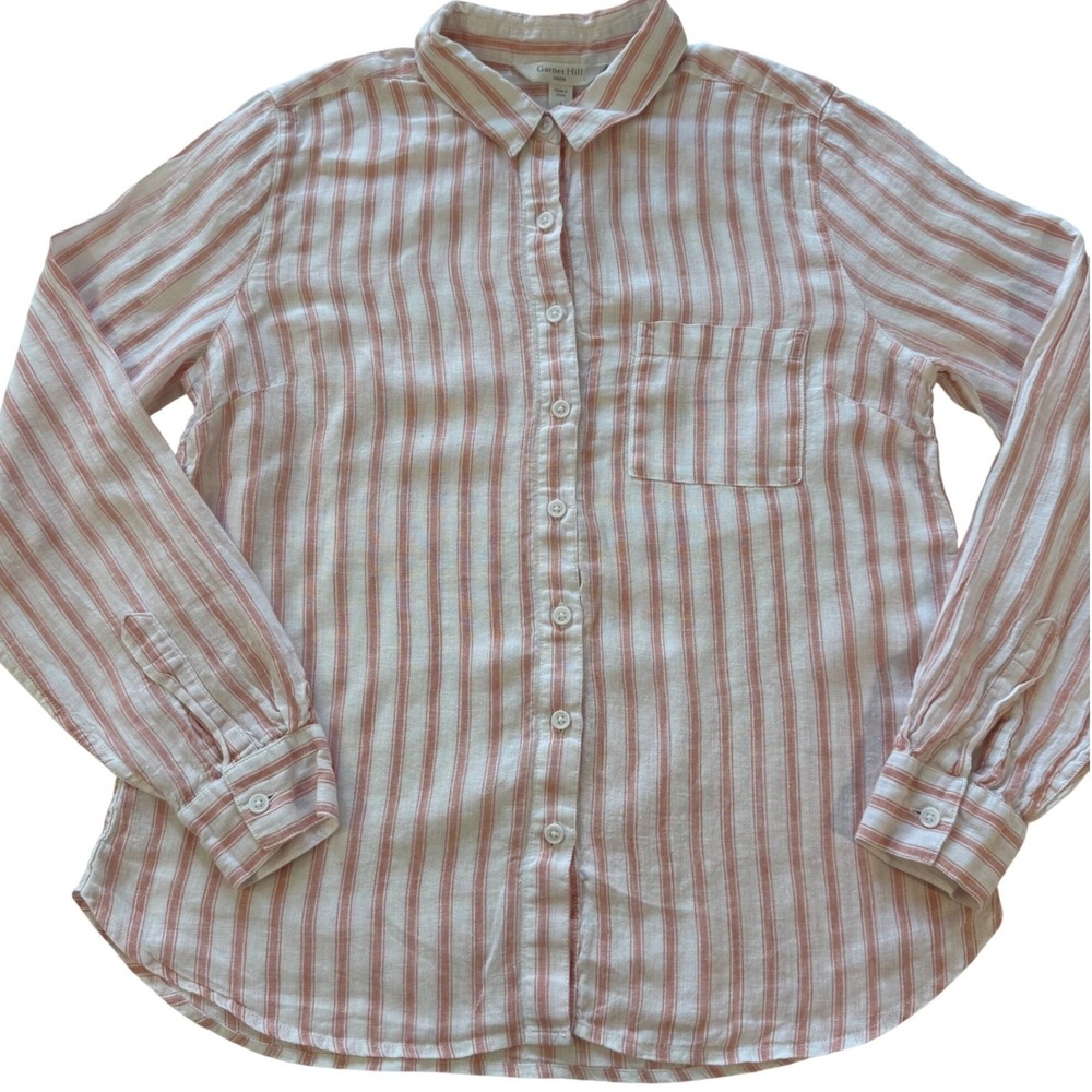 Garnet Hill Easy 100% European flax Linen Button-Down Shirt white Striped Size 4